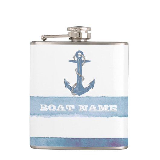 Nautical Boat Name,Anchor,Rope,Light Blue Stripes Heupfles (Voorkant)