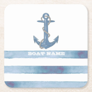 Nautical Boat Name,Anchor,Rope,Light Blue Stripes Kartonnen Onderzetters