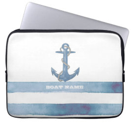 Nautical Boat Name,Anchor,Rope,Light Blue Stripes Laptop Sleeve