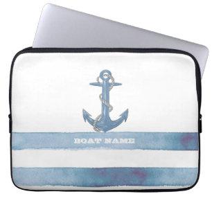 Nautical Boat Name,Anchor,Rope,Light Blue Stripes Laptop Sleeve