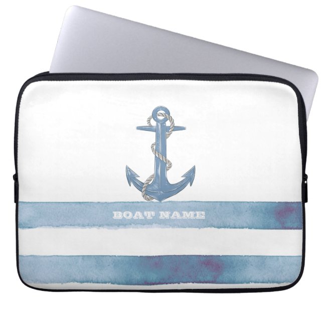 Nautical Boat Name,Anchor,Rope,Light Blue Stripes Laptop Sleeve (Voorkant)