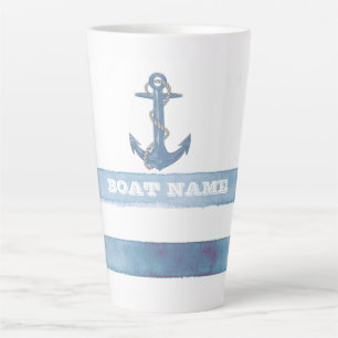Nautical Boat Name,Anchor,Rope,Light Blue Stripes Latte Mok