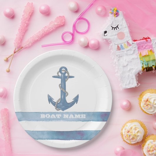 Nautical Boat Name,Anchor,Rope,Light Blue Stripes Papieren Bordje (Feest)