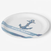Nautical Boat Name,Anchor,Rope,Light Blue Stripes Papieren Bordje (Gekanteld)
