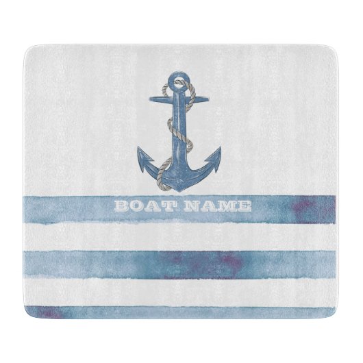 Nautical Boat Name,Anchor,Rope,Light Blue Stripes Snijplank (Voorkant)