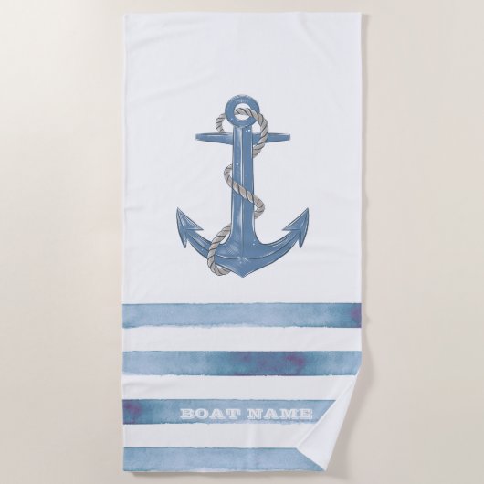 Nautical Boat Name,Anchor,Rope,Light Blue Stripes Strandlaken (Voorkant)