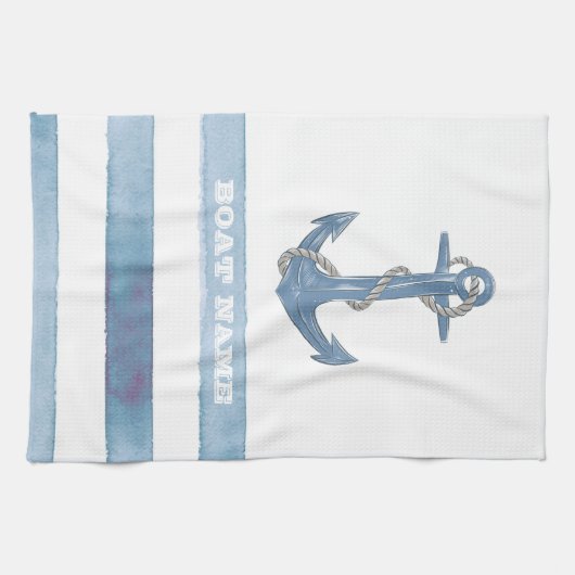 Nautical Boat Name,Anchor,Rope,Light Blue Stripes Theedoek (Horizontaal)
