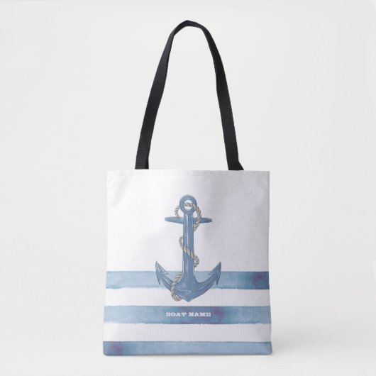 Nautical Boat Name,Anchor,Rope,Light Blue Stripes Tote Bag (Voorkant)