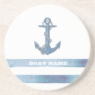 Nautical Boat Name,Anchor,Rope,Light Blue Stripes Zandsteen Onderzetter