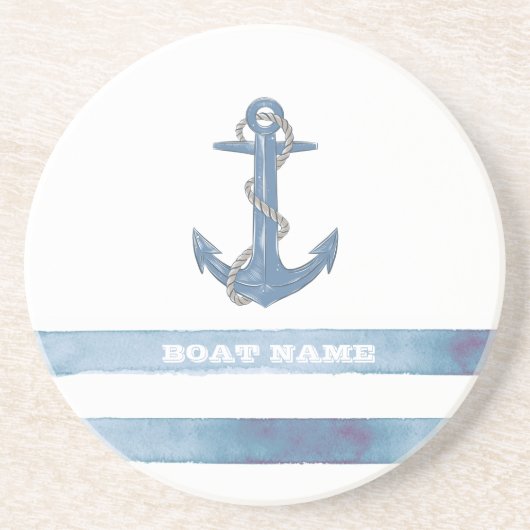 Nautical Boat Name,Anchor,Rope,Light Blue Stripes Zandsteen Onderzetter (Voorkant)