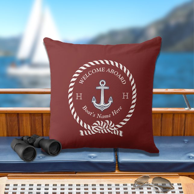 Nautical Boat Name Anchor Rope Maroon Red Buitenkussen (Creator heeft geüpload)