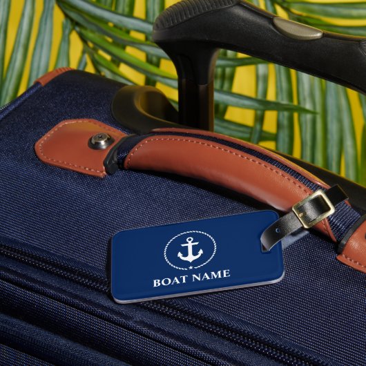 Nautical Boat Name Anchor Rope Navy Blue Bagagelabel (Voorkant Insitu 3)