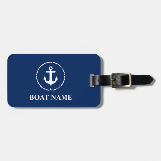 Nautical Boat Name Anchor Rope Navy Blue Bagagelabel (Voorkant horizontaal)