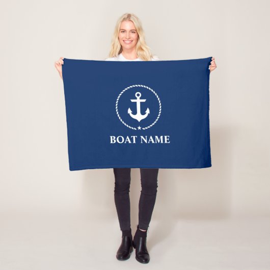 Nautical Boat Name Anchor Rope Navy Blue Fleece Deken (In situ)