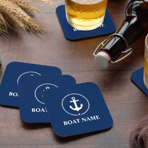 Nautical Boat Name Anchor Rope Navy Blue Kartonnen Onderzetters