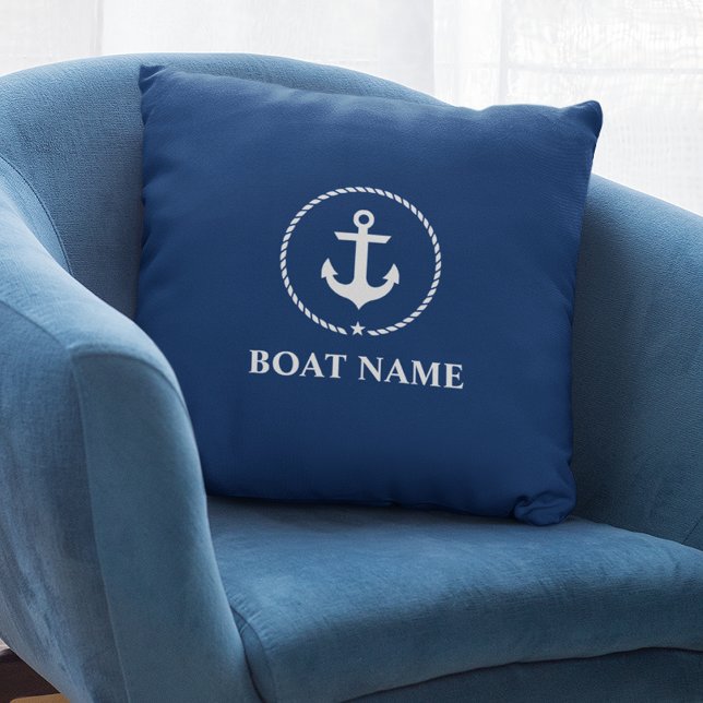 Nautical Boat Name Anchor Rope Navy Blue Kussen (Customize to change text size or text style.)
