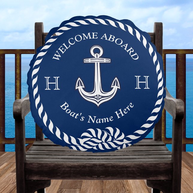 Nautical Boat Name Anchor Rope Navy Blue Rond Kussen (Creator heeft geüpload)