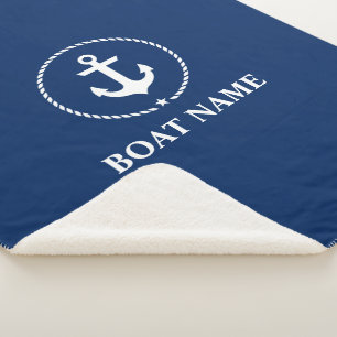 Nautical Boat Name Anchor Rope Navy Blue Sherpa Deken