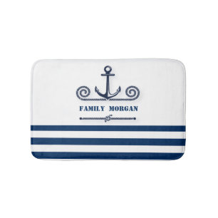 Nautical Boat Name,Anchor,Rope, Navy Blue Stripes Badmat