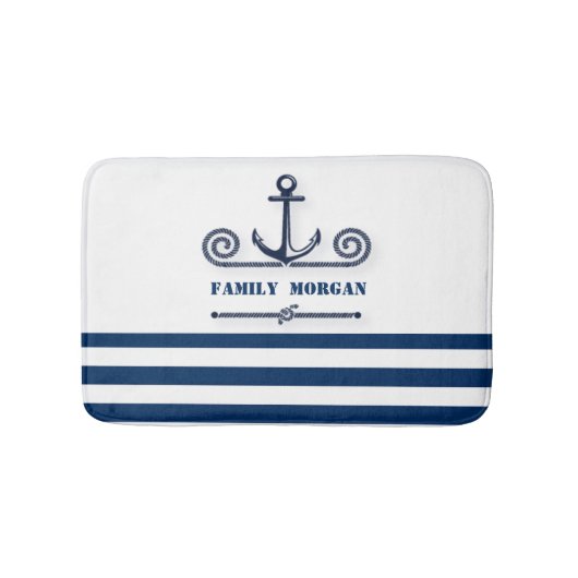 Nautical Boat Name,Anchor,Rope, Navy Blue Stripes Badmat (Voorkant)
