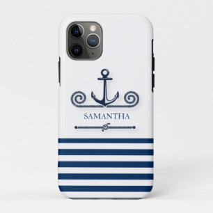 Nautical Boat Name,Anchor,Rope, Navy Blue Stripes Case-Mate iPhone Case