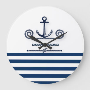 Nautical Boat Name,Anchor,Rope, Navy Blue Stripes Grote Klok
