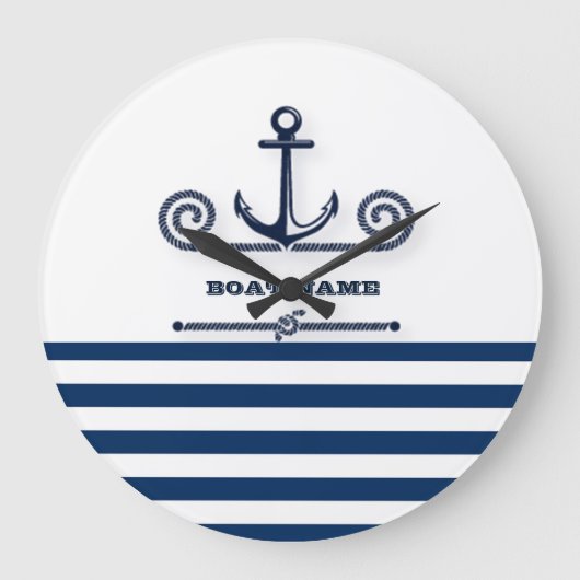 Nautical Boat Name,Anchor,Rope, Navy Blue Stripes Grote Klok (Voorkant)