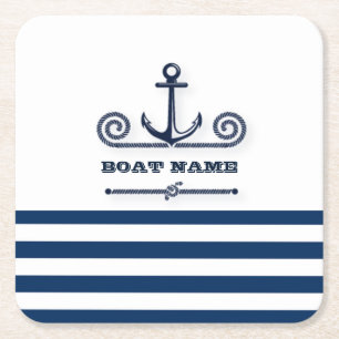 Nautical Boat Name,Anchor,Rope, Navy Blue Stripes Kartonnen Onderzetters