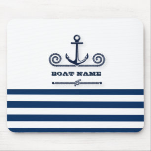 Nautical Boat Name,Anchor,Rope, Navy Blue Stripes Muismat