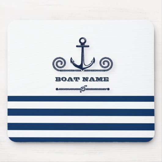 Nautical Boat Name,Anchor,Rope, Navy Blue Stripes Muismat (Voorkant)