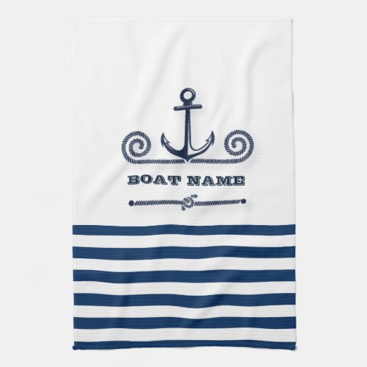 Nautical Boat Name,Anchor,Rope, Navy Blue Stripes Theedoek (Verticaal)
