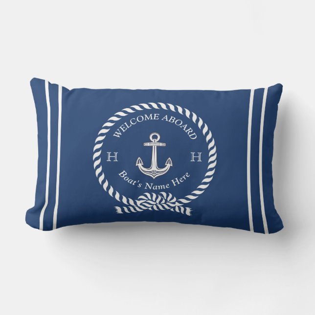 Nautical Boat Name Anchor Rope Navy Blue Welkom Buitenkussen (Voorkant)