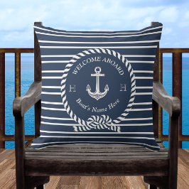 Nautical Boat Name Anchor Rope Navy Blue Welkom Buitenkussen