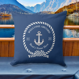 Nautical Boat Name Anchor Rope Navy Blue Welkom Buitenkussen