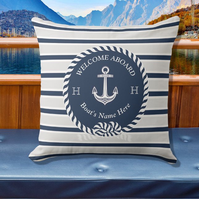 Nautical Boat Name Anchor Rope Navy Blue Welkom Buitenkussen (Creator heeft geüpload)