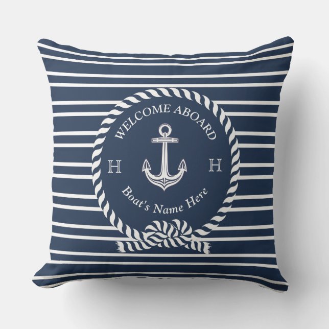 Nautical Boat Name Anchor Rope Navy Blue Welkom Buitenkussen (Voorkant)
