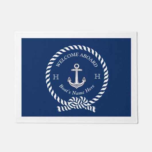 Nautical Boat Name Anchor Rope Navy Blue Welkom Deurmat (Voorkant)