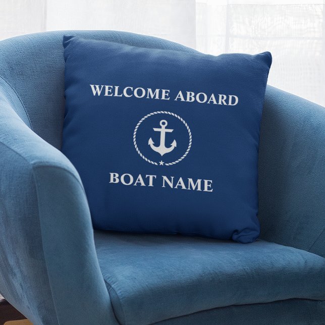 Nautical Boat Name Anchor Rope Navy Blue Welkom Kussen (Customize to change text size or text style.)