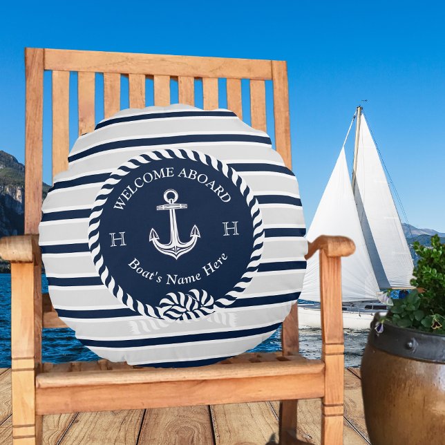 Nautical Boat Name Anchor Rope Navy Blue Welkom Rond Kussen (Creator heeft geüpload)