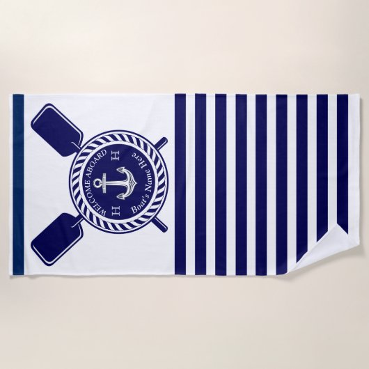 Nautical Boat Name Anchor Rope Navy Blue Welkom Strandlaken (Voorkant)