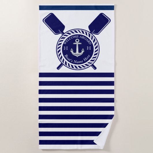 Nautical Boat Name Anchor Rope Navy Blue Welkom Strandlaken (Voorkant)