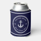 Nautical Boat Name Anchor Rope Navy Blue White Blikjeskoeler (Blikje Achterkant)