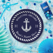 Nautical Boat Name Anchor Rope Navy Blue White Papieren Bordje (Feest)
