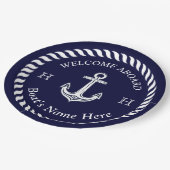 Nautical Boat Name Anchor Rope Navy Blue White Papieren Bordje (Gekanteld)