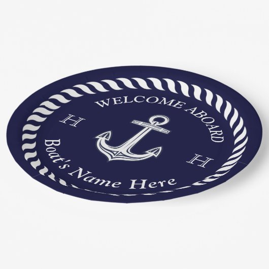 Nautical Boat Name Anchor Rope Navy Blue White Papieren Bordje (Gekanteld)