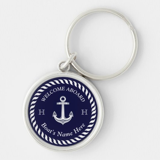 Nautical Boat Name Anchor Rope Navy Blue White Sleutelhanger (Voorkant)