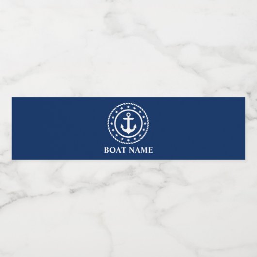 Nautical Boat Name Anchor Rope Stars Navy Blue Waterfles Etiket (Enkel label)