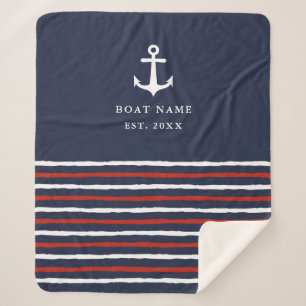 Nautical Boat Name Anchor Stripes Navy Blue Sherpa Deken