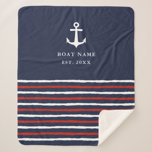 Nautical Boat Name Anchor Stripes Navy Blue Sherpa Sherpa Deken (Voorkant)