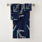 Nautical Boat Name, Anchors Navy Blue Striped Bad Handdoek (Insitu)